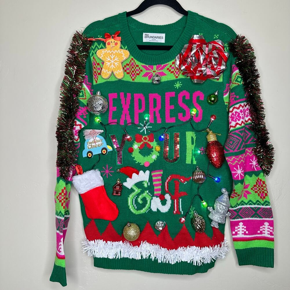 Ugly Christmas Sweater Elf LIGHTS UP Tacky Tinsel Xmas Party Winner Size Medium